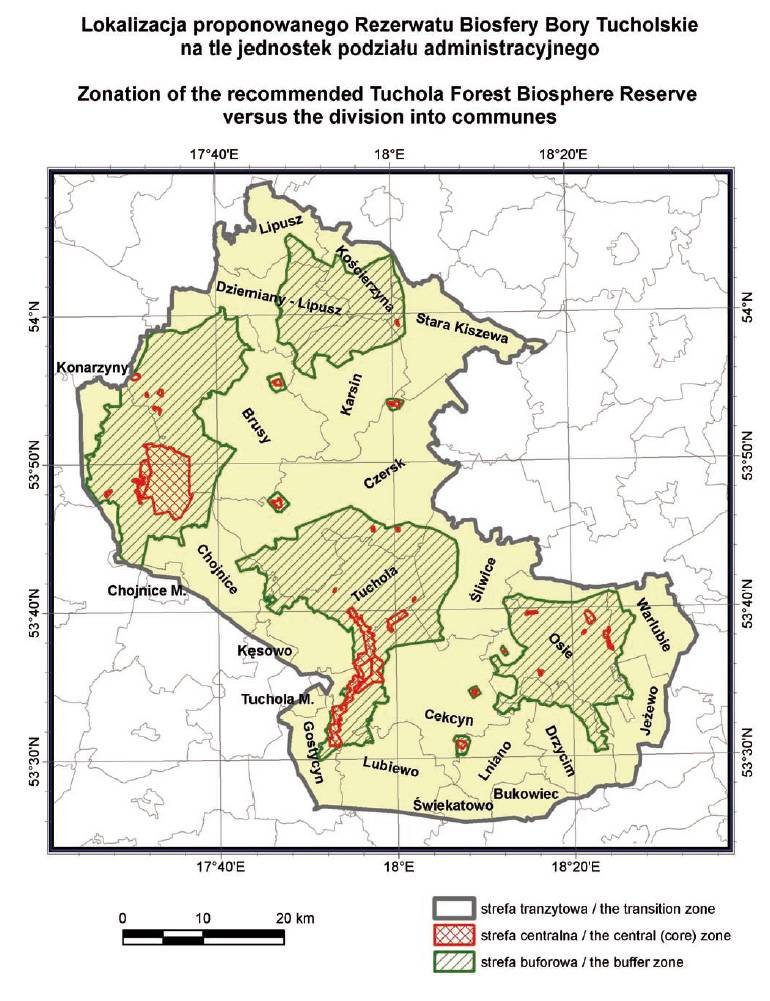 Lokalizacja proponowanego Rezerwatu Biosfery Bory Tucholskie na tle podziału administracyjnego 
