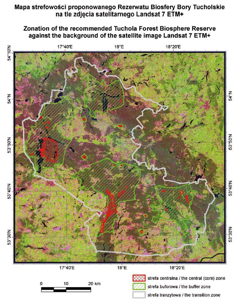 Lokalizacja proponowanego Rezerwatu Biosfery Bory Tucholskie na tle zdjęcia satelitarnego Landsat  7 ETM+.