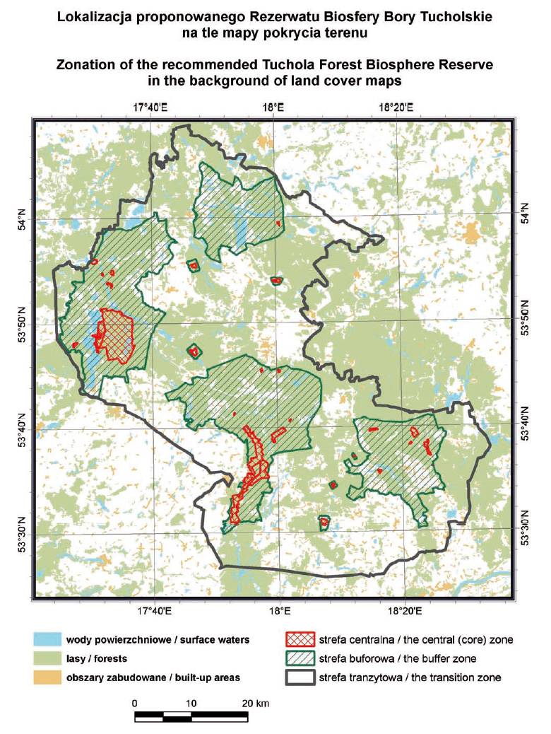 Lokalizacja proponowanego Rezerwatu Biosfery Bory Tucholskie na tle mapy pokrycia terenu.